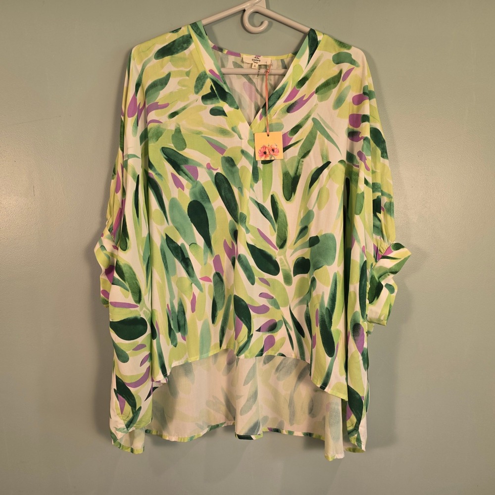 Entro Womens Abstract Floral V-Neck High Low Cotton Blouse Green Purple T20156 S